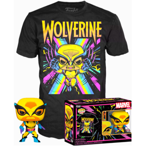 Marvel Wolverine Set Figura Funko Pop 9 cm & T-Shirt Taglia M Wolverine Black Light