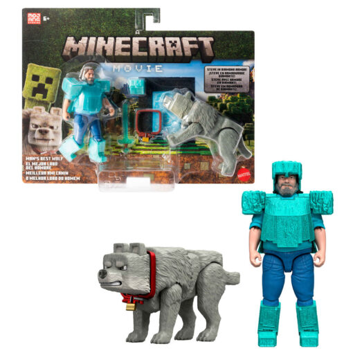 Minecraft The Movie Steve & Wolf set 2 figures Mattel